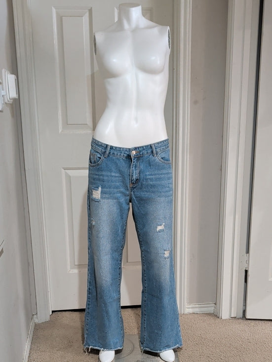 Shein Women's Light Blue Distressed Wide Leg Jeans US 8-10/Large