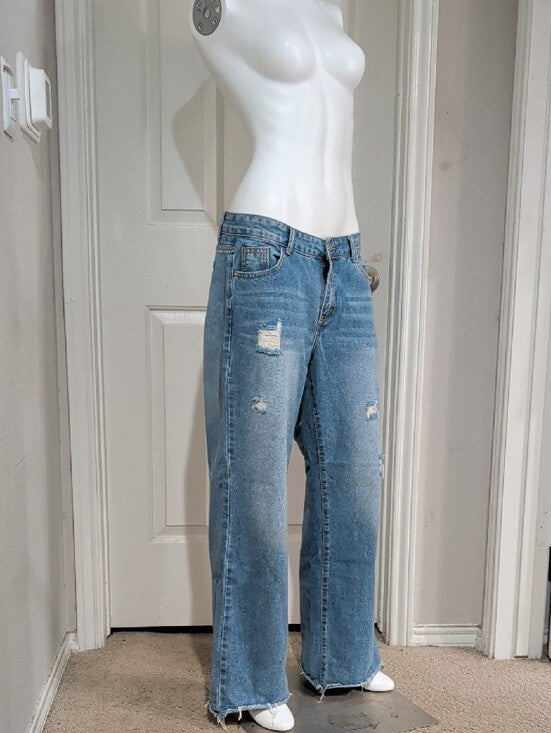 Shein Women's Light Blue Distressed Wide Leg Jeans US 8-10/Large