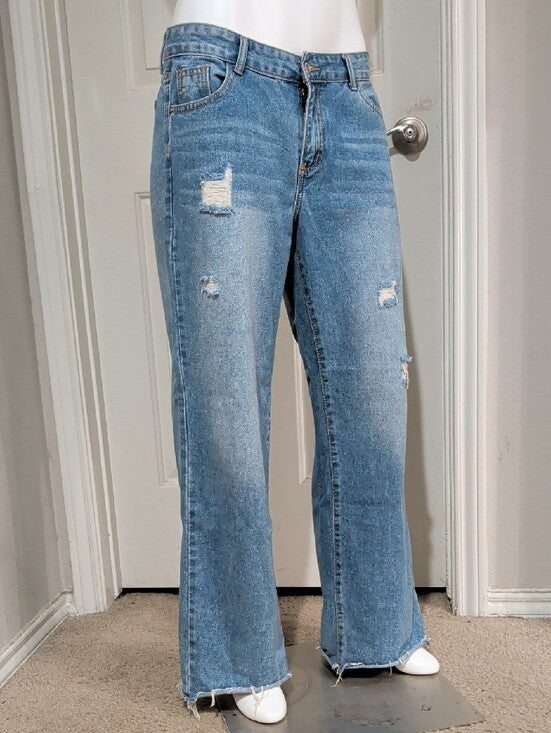 Shein Women's Light Blue Distressed Wide Leg Jeans US 8-10/Large
