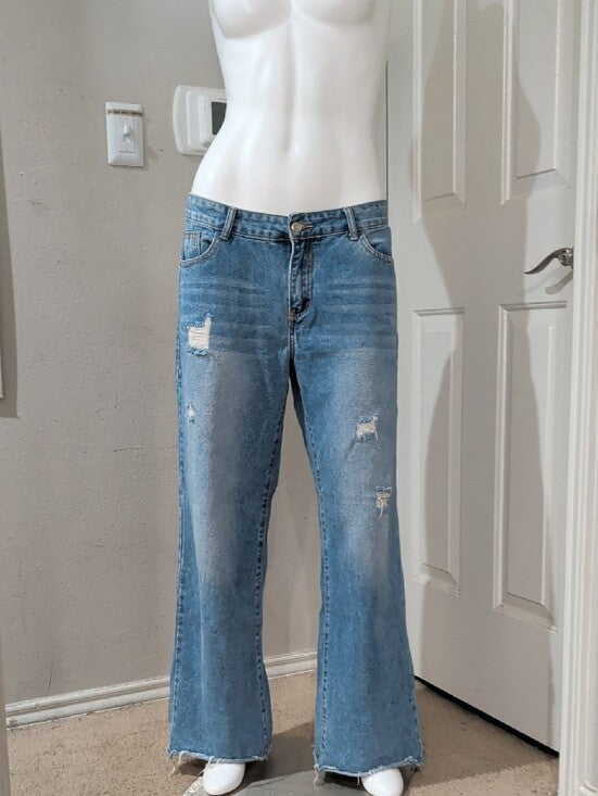 Shein Women's Light Blue Distressed Wide Leg Jeans US 8-10/Large