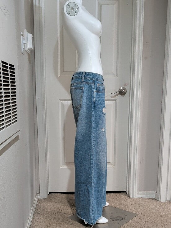 Shein Women's Light Blue Distressed Wide Leg Jeans US 8-10/Large